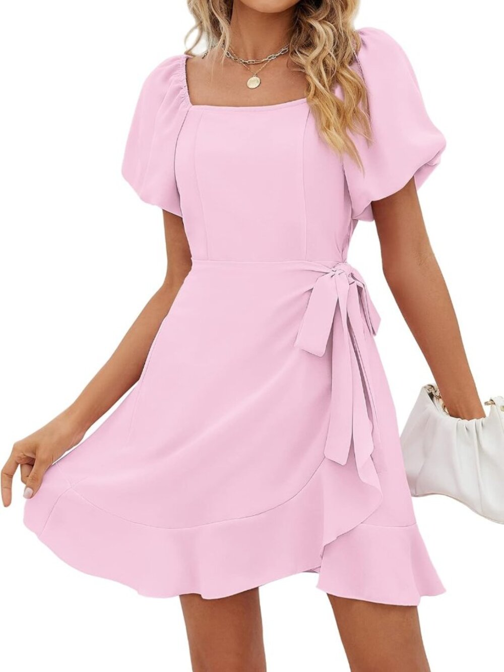 Summer Puff Sleeve Dress with Square Neck & Tie Waist - Perfect for Casual